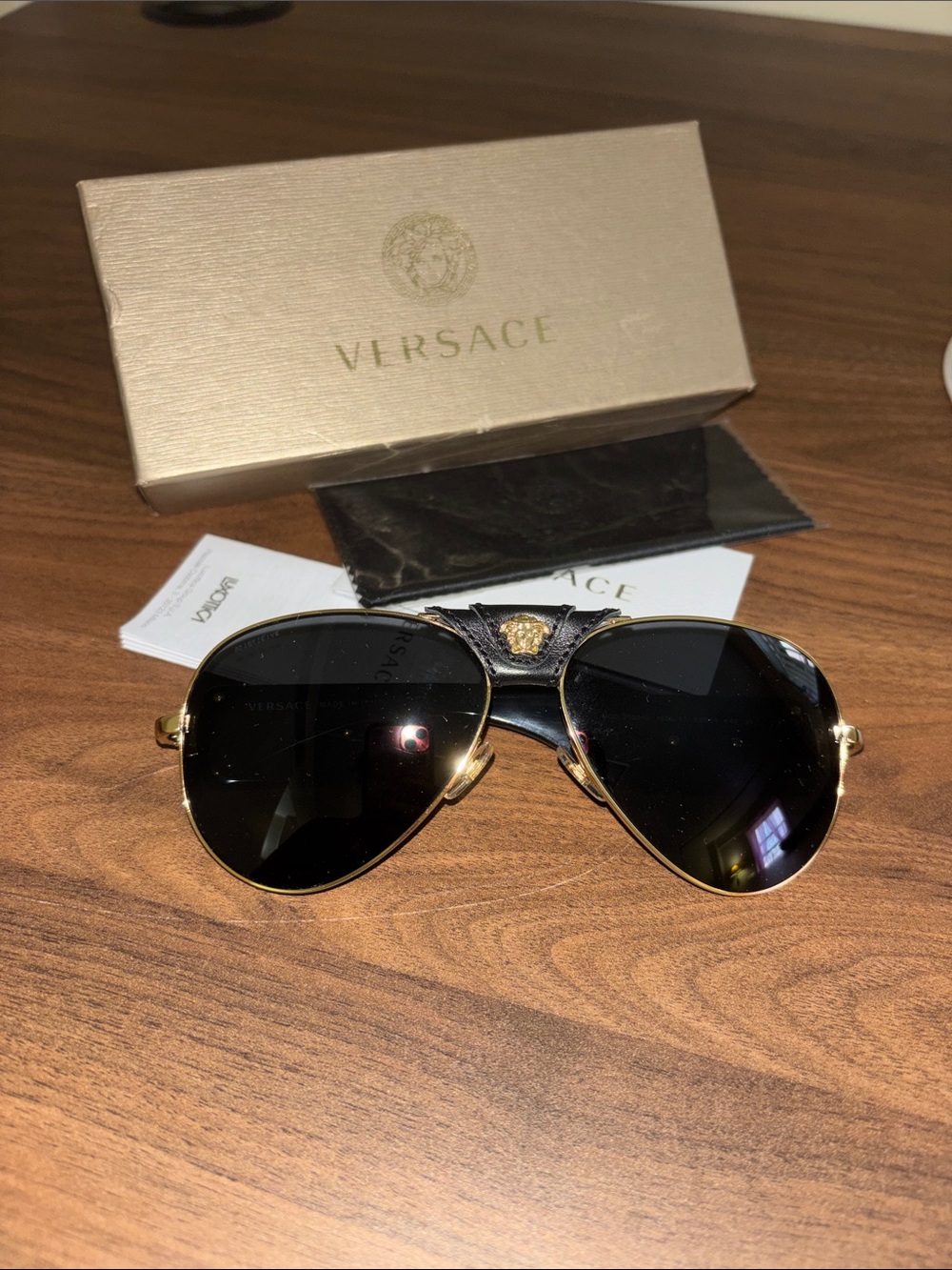 Versace Black Lens Gold Aviator Sunglasses